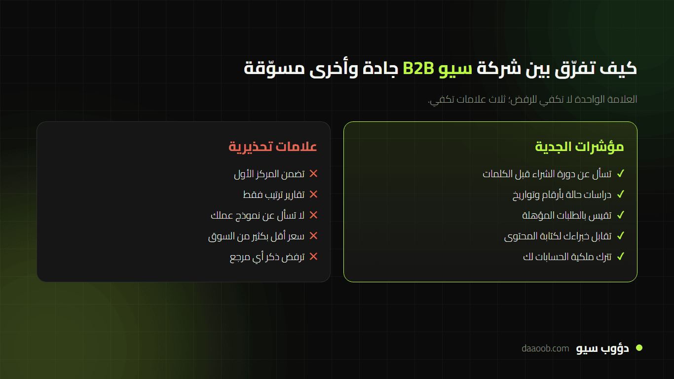 معايير اختيار شركة تحسين محركات البحث B2B ومقارنتها بالعلامات التحذيرية